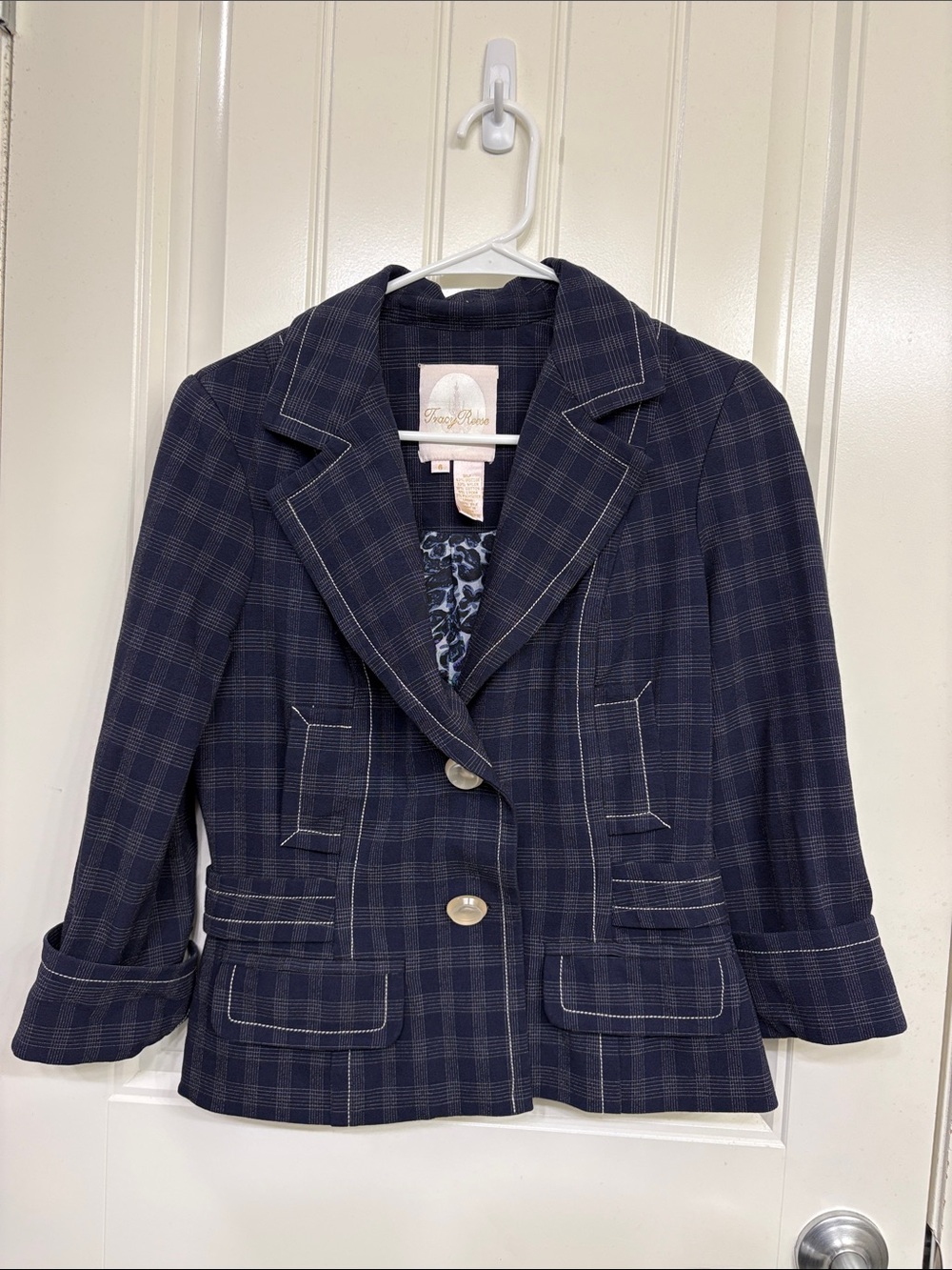 Tracy Reese Navy Plaid Tailored Blazer with Contrast Stitching